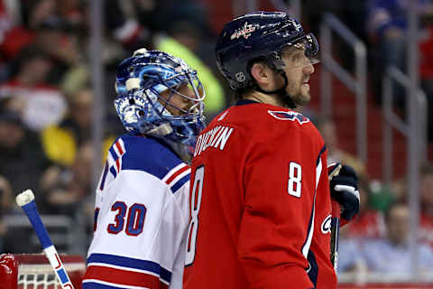 Henrik Lundqvist #30 of the New York Rangers and Alex Ovechkin #8 of the Washington Capitals (Photo by Rob Carr/Getty Images)