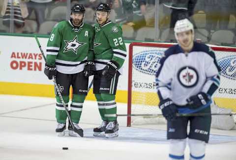 Nov 12, 2015; Dallas, TX, USA; Dallas Stars center Vernon Fiddler (38) and center Colton Sceviour (22) celebrate Fiddler