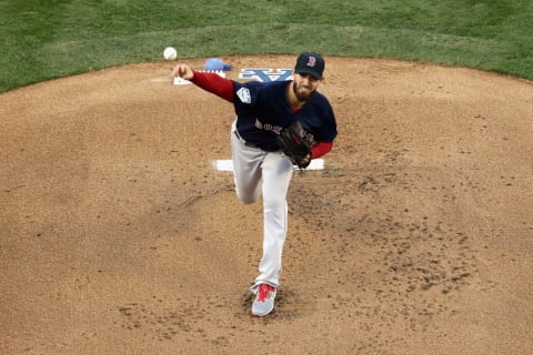 LOS ANGELES, CA – OCTOBER 26: Rick Porcello #22 of the Boston Red Sox delivers the pitch during the first inning against the Los Angeles Dodgers in Game Three of the 2018 World Series at Dodger Stadium on October 26, 2018 in Los Angeles, California. (Photo by Jeff Gross/Getty Images)