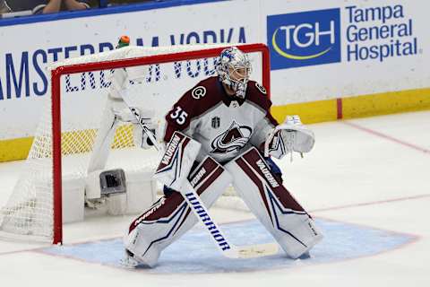 TAMPA, FLORIDA – JUNE 26: Darcy Kuemper #35 of the Colorado Avalanche in action during Game Six of the 2022 NHL Stanley Cup Final at Amalie Arena on June 26, 2022 in Tampa, Florida. The Avalanche defeated the Lightning 2-1. (Photo by Christian Petersen/Getty Images)