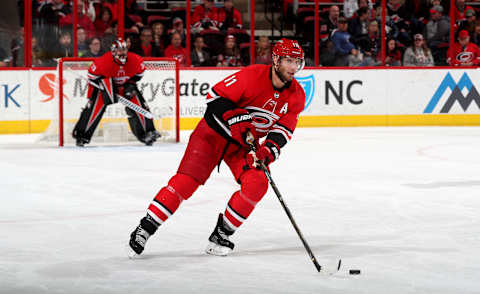 RALEIGH, NC – JANUARY 14: Jordan Staal #11 of the Carolina Hurricanes carries the puck during an NHL game against the Calgary Flames on January 14, 2018 at PNC Arena in Raleigh, North Carolina. (Photo by Gregg Forwerck/NHLI via Getty Images)