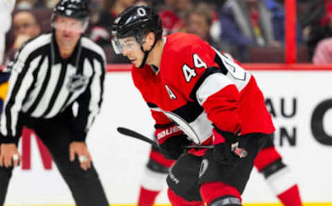 OTTAWA, ON – DECEMBER 23: Ottawa Senators center Jean-Gabriel Pageau (44) waits for a face-off during second period National Hockey League action between the Buffalo Sabres and Ottawa Senators on December 23, 2019, at Canadian Tire Centre in Ottawa, ON, Canada. (Photo by Richard A. Whittaker/Icon Sportswire via Getty Images)