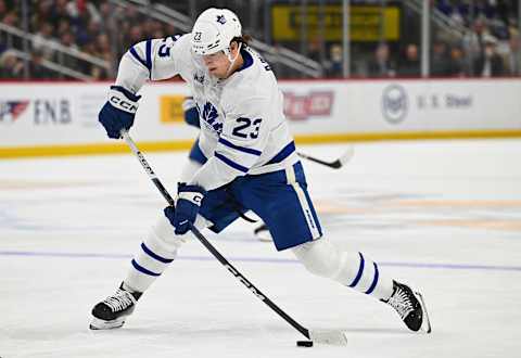 Matthew Knies #23 of the Toronto Maple Leafs attempts a shot in the second period during the game against the Pittsburgh Penguins at PPG PAINTS Arena on November 25, 2023 in Pittsburgh, Pennsylvania. (Photo by Justin Berl/Getty Images)