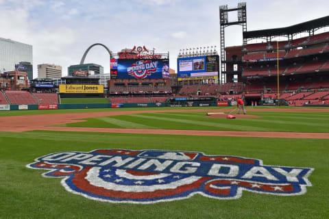 Apr 11, 2016; St. Louis, MO, USA; A general view of the Opening Day logo on the field before a game between the St. Louis Cardinals and the Milwaukee Brewers at Busch Stadium. Mandatory Credit: Jasen Vinlove-USA TODAY Sports