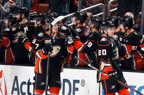 ANAHEIM, CA – OCTOBER 28: Rickard Rakell #67 and Pontus Aberg #20 of the Anaheim Ducks celebrate Aberg’s second-period goal with their teammates during the game against the San Jose Sharks on October 28, 2018, at Honda Center in Anaheim, California. (Photo by Debora Robinson/NHLI via Getty Images)