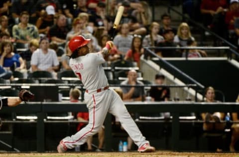 Jun 23, 2017; Phoenix, AZ, USA; Philadelphia Phillies third baseman Maikel Franco (7) hits a solo home run in the eighth inning against the Arizona Diamondbacks at Chase Field. Mandatory Credit: Matt Kartozian-USA TODAY Sports