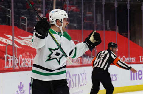 DETROIT, MICHIGAN – APRIL 24: Mark Pysyk #13 of the Dallas Stars celebrates his third period goal against the Detroit Red Wings at Little Caesars Arena on April 24, 2021 in Detroit, Michigan. (Photo by Gregory Shamus/Getty Images)