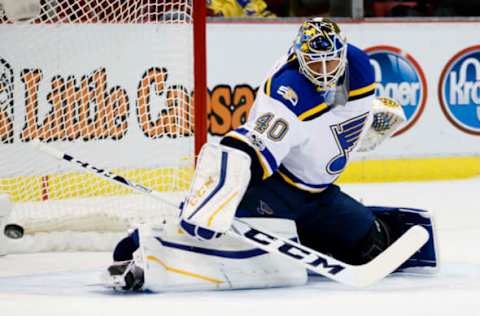 NHL Power Rankings: St. Louis Blues goalie Carter Hutton (40) makes the save in the first period against the Detroit Red Wings at Joe Louis Arena. Mandatory Credit: Rick Osentoski-USA TODAY Sports