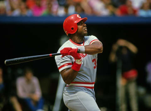 PITTSBURGH, PA – 1987: Dave Parker of the Cincinnati Reds bats against the Pittsburgh Pirates during a Major League Baseball game at Three Rivers Stadium in 1987 in Pittsburgh, Pennsylvania. (Photo by George Gojkovich/Getty Images)