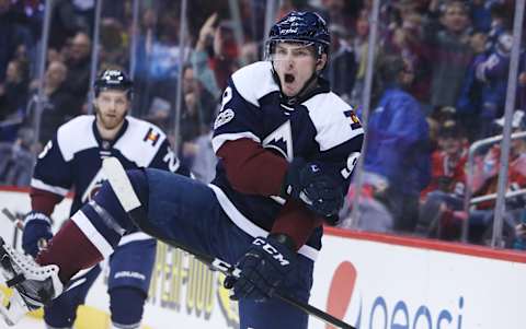 Jan 17, 2017; Denver, CO, USA; Colorado Avalanche center Matt Duchene (9) reacts after scoring a goal during the second period against the Chicago Blackhawks at Pepsi Center. Mandatory Credit: Chris Humphreys-USA TODAY Sports