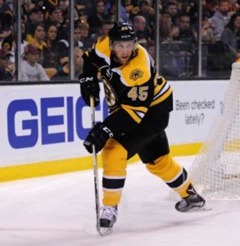 Oct 8, 2015; Boston, MA, USA; Boston Bruins defenseman Joe Morrow (45) handles the puck during the first period again the Winnipeg Jets at TD Garden. Mandatory Credit: Bob DeChiara-USA TODAY Sports