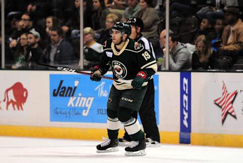 CEDAR PARK, TX – OCTOBER 19: Iowa Wild center Luke Kunin awaits an opportunity during 5 – 4 loss to the Texas Stars on October 19, 2018, at the HEB Center in Cedar Park, TX. (Photo by John Rivera/Icon Sportswire via Getty Images)