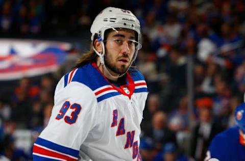 NEW YORK, NY – JANUARY 12: Mika Zibanejad #93 of the New York Rangers skates against the New York Islanders at Barclays Center on January 12, 2019 the Brooklyn borough of New York City. New York Rangers defeated the New York Islanders 2-1. (Photo by Mike Stobe/NHLI via Getty Images)