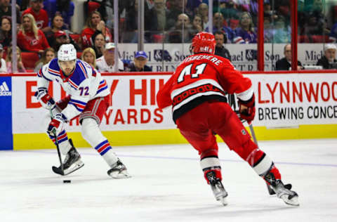 RALEIGH, NC – MARCH 23: Filip Chytil #72 of the New York Rangers skates with the puck during the third period of the game against the Carolina Hurricanes at PNC Arena on March 23, 2023 in Raleigh, North Carolina. Rangers win over Hurricanes 2-1.(Photo by Jaylynn Nash/Getty Images)