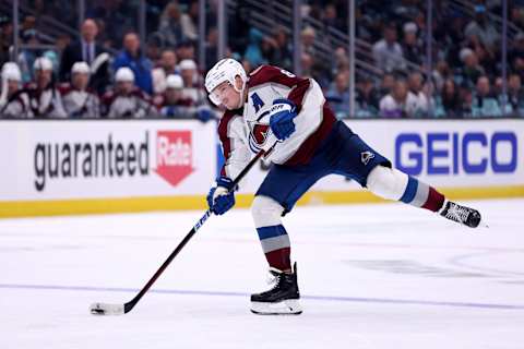 Cale Makar #8 of the Colorado Avalanche shoots against the Seattle Kraken . (Photo by Steph Chambers/Getty Images)