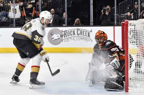 LAS VEGAS, NV – FEBRUARY 19: Goalie Ryan Miller #30 of the Anaheim Ducks makes a save against Tomas Hyka #38 of the Vegas Golden Knights during the game at T-Mobile Arena on February 19, 2018, in Las Vegas, Nevada. (Photo by Jeff Bottari/NHLI via Getty Images)