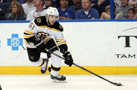 Mar 8, 2016; Tampa, FL, USA; Boston Bruins center Ryan Spooner (51) skates with the puck against the Tampa Bay Lightning during the third period at Amalie Arena. Mandatory Credit: Kim Klement-USA TODAY Sports