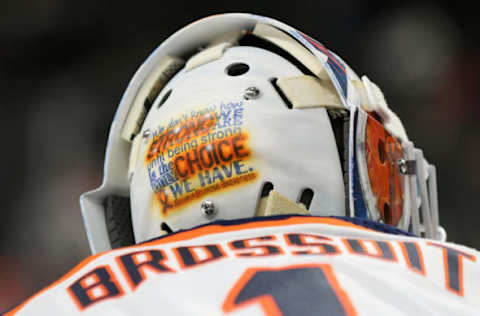 ST. PAUL, MN – DECEMBER 16: The goalie mask of Edmonton Oilers Goalie Laurent Brossoit (1) with a message about multiple sclerosis awareness before a NHL game between the Minnesota Wild and Edmonton Oilers on December 16, 2017 at Xcel Energy Center in St. Paul, MN.The Oilers defeated the Wild 3-2. (Photo by Nick Wosika/Icon Sportswire via Getty Images)