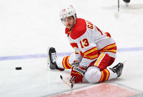 TORONTO, ON – FEBRUARY 22: Johnny Gaudreau #13 of the Calgary Flames stretches prior to playing against the Toronto Maple Leafs in an NHL game at Scotiabank Arena on February 22, 2021 in Toronto, Ontario, Canada. (Photo by Claus Andersen/Getty Images)