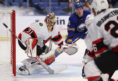 Feb 17, 2022; Buffalo, New York, USA; Ottawa Senators goaltender Anton Forsberg (31) l . Mandatory Credit: Timothy T. Ludwig-USA TODAY Sports