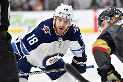 LAS VEGAS, NV – MAY 16: Bryan Little #18 of the Winnipeg Jets awaits a faceoff against the Vegas Golden Knights in Game Three of the Western Conference Final during the 2018 NHL Stanley Cup Playoffs at T-Mobile Arena on May 16, 2018 in Las Vegas, Nevada. (Photo by Jeff Bottari/NHLI via Getty Images)