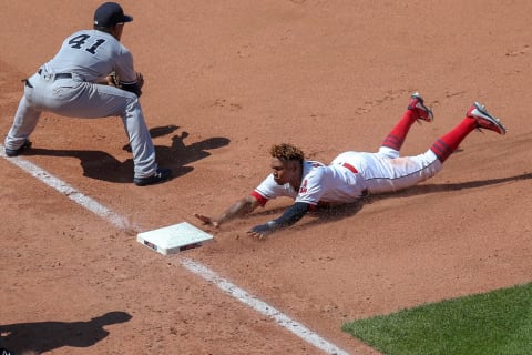 CLEVELAND, OH – JULY 15: Cleveland Indians third baseman Jose Ramirez (11) slide head first into third base ahead of the throw to New York Yankees third baseman Miguel Andujar (41) as Ramirez advanced to third base on a throwing error by New York Yankees catcher Kyle Higashioka (66) (not pictured) during the eighth inning of the Major League Baseball game between the New York Yankees and Cleveland Indians on July 15, 2018, at Progressive Field in Cleveland, OH. Cleveland defeated New York 5-2. (Photo by Frank Jansky/Icon Sportswire via Getty Images)