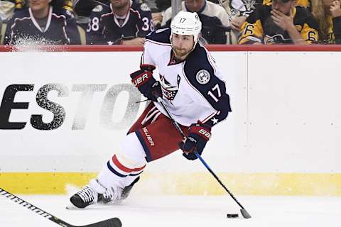 PITTSBURGH, PA – APRIL 20: Columbus Blue Jackets center Brandon Dubinsky (17) skates with the puck during the third period. The Pittsburgh Penguins won 5-2 in Game Five of the Eastern Conference First Round during the 2017 NHL Stanley Cup Playoffs against the Columbus Blue Jackets on April 20, 2017, at PPG Paints Arena in Pittsburgh, PA. (Photo by Jeanine Leech/Icon Sportswire via Getty Images)