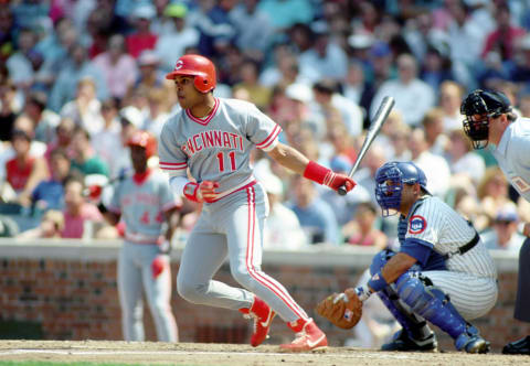 May 10, 1991; Cincinnati, OH, USA; FILE PHOTO; Barry Larkin of the Cincinnati Reds in action against the Chicago Cubs at Wrigley Field. Mandatory Credit: Photo By USA TODAY Sports (c) Copyright 1991 USA TODAY Sports