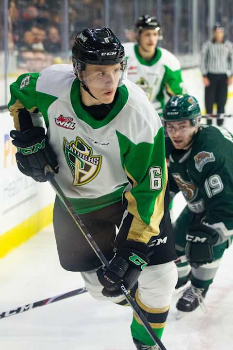 Kaiden Guhle #6 of the Prince Albert Raiders (Photo by Christopher Mast/Getty Images)