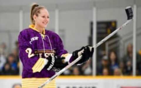 Alyssa Gagliardi competes in hardest shot competition during the 2019 NWHL All-Star Weekend Skills Competition at Ford Ice Center in Antioch, Tenn., Saturday, Feb. 9, 2019.20190209 Nwhlskills 021