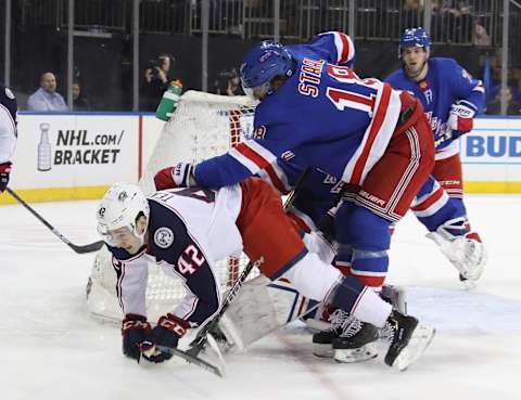 NEW YORK, NEW YORK – APRIL 05: Alexandre Texier #42 of the Columbus Blue Jackets skates in his first NHL game against Marc Staal #18 of the New York Rangers at Madison Square Garden on April 05, 2019 in New York City. (Photo by Bruce Bennett/Getty Images)