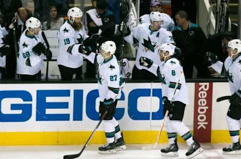 Oct 25, 2016; San Jose, CA, USA; San Jose Sharks center Joe Pavelski (8) celebrates after scoring against the Anaheim Ducks in the first period at SAP Center at San Jose. Mandatory Credit: John Hefti-USA TODAY Sports