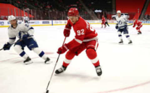 DETROIT, MICHIGAN – MARCH 11: Vladislav Namestnikov #92 of the Detroit Red Wings skates against the Tampa Bay Lightning at Little Caesars Arena on March 11, 2021 in Detroit, Michigan. (Photo by Gregory Shamus/Getty Images)