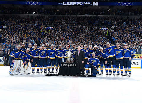 ST. LOUIS, MO – MAY 21: St. Louis Blues with the Clarence Campbell Bowl after defeating the San Jose Sharks 4 games to two after Game Six of the Western Conference Final during the 2019 NHL Stanley Cup Playoffs at Enterprise Center on May 21, 2019 in St. Louis, Missouri. (Photo by Scott Rovak/NHLI via Getty Images)