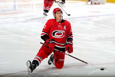 RALEIGH, NC – JANUARY 12: Jeff Skinner #53 of the Carolina Hurricanes stretches on the ice prior to an NHL game against the Washington Capitals on January 12, 2018 at PNC Arena in Raleigh, North Carolina. (Photo by Gregg Forwerck/NHLI via Getty Images)