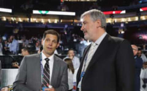 VANCOUVER, BRITISH COLUMBIA – JUNE 21: (L-R) Don Sweeney and Cam Neely of the Boston Bruins attend the 2019 NHL Draft at the Rogers Arena on June 21, 2019 in Vancouver, Canada. (Photo by Bruce Bennett/Getty Images)