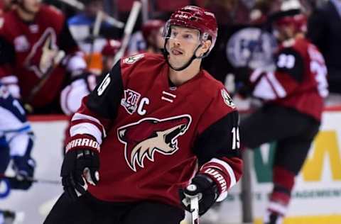 Nov 10, 2016; Glendale, AZ, USA; Arizona Coyotes right wing Shane Doan (19) looks on during the second period against the Winnipeg Jets at Gila River Arena. Mandatory Credit: Matt Kartozian-USA TODAY Sports