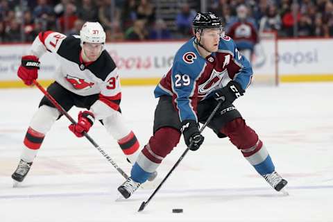 DENVER, COLORADO – DECEMBER 13: Nathan MacKinnon  . (Photo by Matthew Stockman/Getty Images)