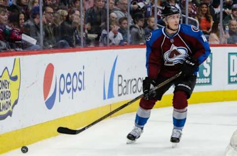 Apr 6, 2017; Denver, CO, USA; Colorado Avalanche defenseman Tyson Barrie (4) controls the puck in the third period against the Minnesota Wild at the Pepsi Center. The Wild won 4-3. Mandatory Credit: Isaiah J. Downing-USA TODAY Sports