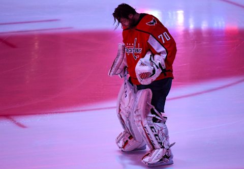 WASHINGTON, DC – APRIL 24: Washington Capitals goaltender Braden Holtby (70) stands on the ice as the national anthem is player before the game against the Carolina Hurricanes on April 24, 2019, at the Capital One Arena in Washington, D.C. in the first round of the Stanley Cup Playoffs. (Photo by Mark Goldman/Icon Sportswire via Getty Images)