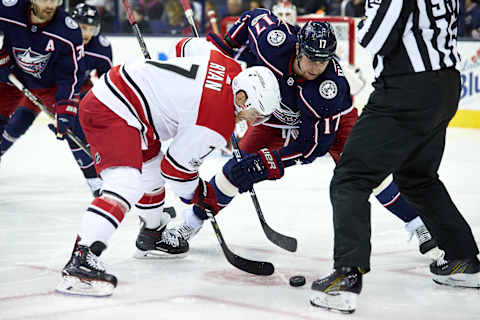 COLUMBUS, OH – NOVEMBER 10: Carolina Hurricanes center Derek Ryan (7) and Columbus Blue Jackets center Brandon Dubinsky (17) face-off during a game between the Columbus Blue Jackets and the Caroling Hurricanes on November 10, 2017, at Nationwide Arena in Columbus, OH. (Photo by Adam Lacy/Icon Sportswire via Getty Images)