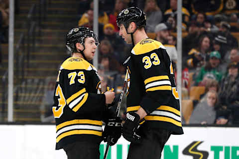 BOSTON, MA – MARCH 02: Boston Bruins right defenseman Charlie McAvoy (73) confers with Boston Bruins left defenseman Zdeno Chara (33) during a game between the Boston Bruins and the New Jersey Devils on March 2, 2019, at TD Garden in Boston, Massachusetts. (Photo by Fred Kfoury III/Icon Sportswire via Getty Images)