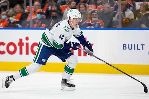 EDMONTON, AB – OCTOBER 13: Elias Pettersson #40 of the Vancouver Canucks skates against the Edmonton Oilers during the second period at Rogers Place on October 13, 2021 in Edmonton, Canada. (Photo by Codie McLachlan/Getty Images)