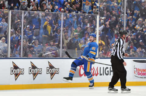 Jan 2, 2017; St. Louis, MO, USA; St. Louis Blues right wing Vladimir Tarasenko (91) celebrates after scoring a goal against the Chicago Blackhawks during the third period in the 2016 Winter Classic ice hockey game at Busch Stadium. Mandatory Credit: Jasen Vinlove-USA TODAY Sports