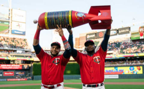 MINNEAPOLIS, MN – SEPTEMBER 06: Nelson Cruz #23 and Miguel Sano #22 of the Minnesota Twins are presented an award for setting the MLB single season home run record prior to the game against the Cleveland Indians on September 6, 2019 at the Target Field in Minneapolis, Minnesota. The Indians defeated the Twins 6-2. (Photo by Brace Hemmelgarn/Minnesota Twins/Getty Images)