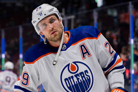 Oct 11, 2023; Vancouver, British Columbia, CAN; Edmonton Oilers forward Leon Draisaitl (29) skates during warm up prior to a game against the Vancouver Canucks at Rogers Arena. in the first period at Rogers Arena. Mandatory Credit: Bob Frid-USA TODAY Sports