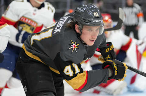 Mar 17, 2022; Las Vegas, Nevada, USA; Vegas Golden Knights center Nolan Patrick (41) skates against the Florida Panthers during the second period at T-Mobile Arena. Mandatory Credit: Stephen R. Sylvanie-USA TODAY Sports