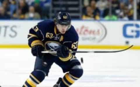 Oct 8, 2015; Buffalo, NY, USA; Buffalo Sabres left wing Tyler Ennis (63) during the game against the Ottawa Senators at First Niagara Center. Mandatory Credit: Kevin Hoffman-USA TODAY Sports