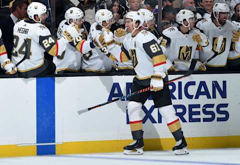 LOS ANGELES, CA – SEPTEMBER 19: Mark Stone #61 of the Vegas Golden Knights celebrates his third-period goal with the bench during the preseason game against the Los Angeles Kings at STAPLES Center on September 19, 2019 in Los Angeles, California. (Photo by Juan Ocampo/NHLI via Getty Images)