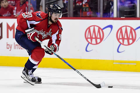 WASHINGTON, DC – APRIL 15: Marcus Johansson #90 of the Washington Capitals skates with the puck in the third period against the Toronto Maple Leafs in Game Two of the Eastern Conference First Round during the 2017 NHL Stanley Cup Playoffs at Verizon Center on April 15, 2017 in Washington, DC. (Photo by Patrick McDermott/NHLI via Getty Images)